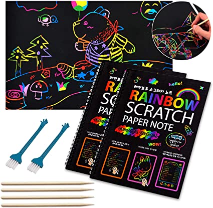 Rainbow Scratch Notebooks 2-Packs x24 Sheets , Scratch Off Paper Art Set for Kids Color Drawing Note, Magic Paper Art Craft Supplies Kits for Girls Boys Birthday Party Favor Game Holiday Toys Gift