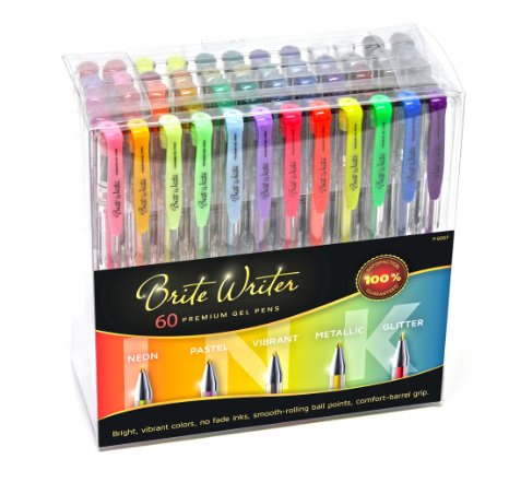 Premium Gel Pens, 60-Pack, bright, vibrant, non-toxic, no-fade ink, smooth-rolling precision ball points, comfort-barrel grip, neon, pastel, vibrant, metallic, glitter, 100% satisfaction guaranteed