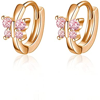 Pink Crystal Butterfly Sleeper Small Hoop Earrings Sterling Silver 925 for Women Girls Cubic Zirconia Rhinestone Tiny Huggie Round Cartilage Hoops Earring Ear Cuffs Piecing 8mm Hypoallergenic Cute Jewelry Gifts