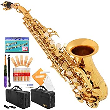 Lazarro Gold Lacquer Bb B-Flat Curved Soprano Saxophone Sax Lazarro 11 Reeds,Care Kit~24 COLORS Available-320-LQ