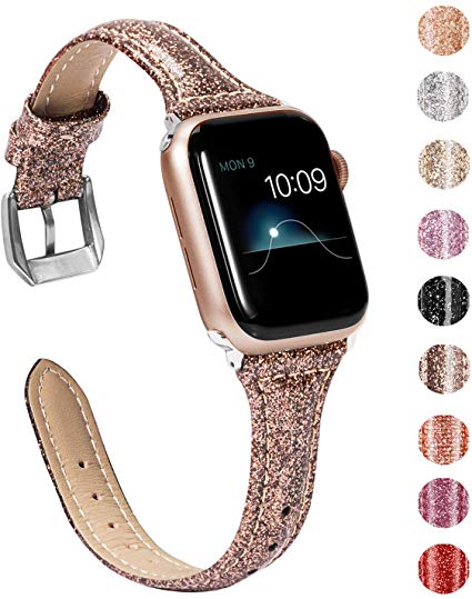 Wearlizer Thin Glitter Leather Compatible with Apple Watch Band 38mm 40mm Womens for iWatch Slim Wristband Glistening Strap Replacement Bracelet with Silver Metal Clasp Series 5 4 3 2 1 Edition-Coffee