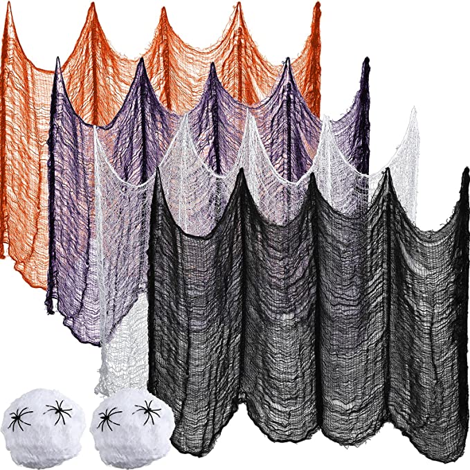 Tatuo 4 Pieces Halloween Creepy Cloth 31 x 87 Inch and 2 Pieces Stretch Spider Web Spooky Halloween Hanging Decoration for Halloween Party Supply Outdoor Yard Home Wall (Black, White, Purple, Orange)