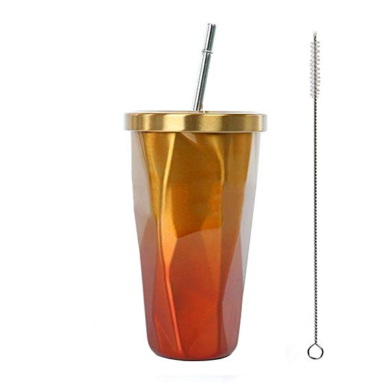 Travel Coffee Cup with Straw Insulated Tumbler Gradient Stainless Steel Mug Office Cold Cup Car Drinking Cups Water Bottle 16oz/473ml All Seasons Available (Orange)