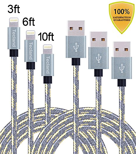 Tecland 3Pack 3FT 6FT 10FT Lightning Cable Nylon Braided Lightning to USB Charging Cord Charger for iPhone 6s,6, 6plus,6s plus, iPhone 5s 5 5c SE, iPad & iPod (gold  gray)