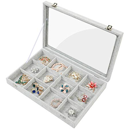 Stylifing Ice Velvet Clear Lid 12 Grid Jewelry Tray Showcase Removable Display Lockable Storage Box for Girls Women