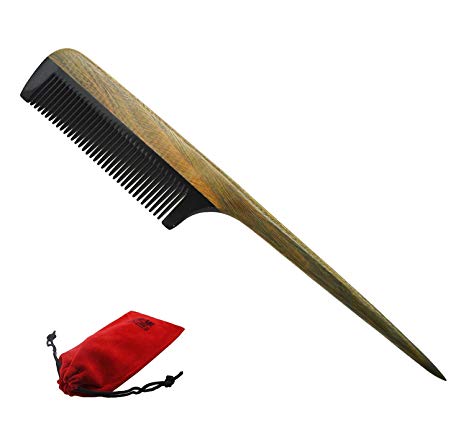 Meta-C Women’s Head Hair Wood Comb – Handcrafted From Natural Buffalo Horn & Green Sandal Wood – Fine Teeth & Pin Tail Handle Within A Red Velvet Bag For Gift