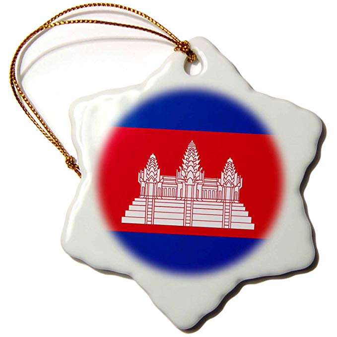 3dRose orn_158274_1 Flag of Cambodia-Cambodian Red Blue with White Angkor Wat Hindu Buddhist Temple-Red-Snowflake Ornament, Porcelain, 3-Inch