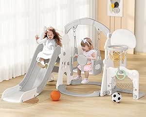 Glaf 6 in 1 Slide and Swing Set for Kids Toddler Slide for Age 1-3 Indoor Playground Outdoor Playset for Backyards with Basketball Hoop, Climber, Swing and Ring Toss Game for Boys Girls (6 in 1 Gray)