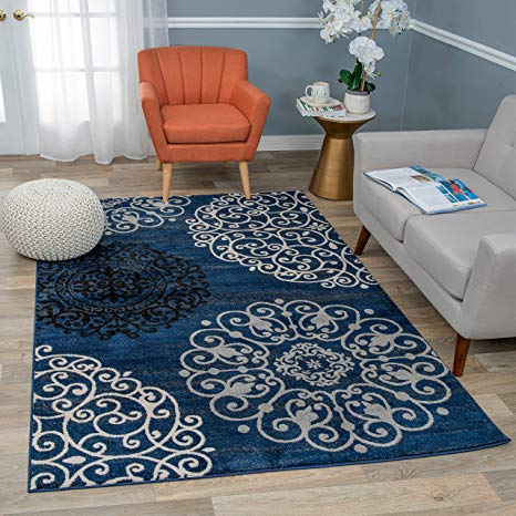 Rugshop Contemporary Modern Floral Area Rug, 7'10" x 10'2", Navy