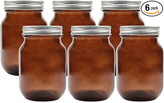 Cornucopia Amber Glass Mason Jars (6-Pack, Pint Size); 16oz Colored Glass Canning and Apothecary Jars