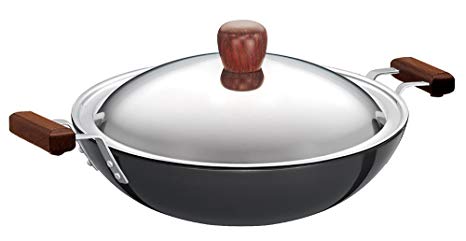 Futura Hard Anodised Deep-Fry Pan(Kadhai) 3-3/4 Litre with Steel Lid and Flat Bottom