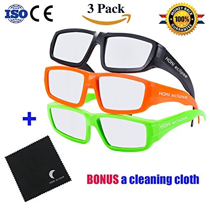 Plastic Solar Eclipse Glasses 2017 - CE and ISO Certified - Eye Glasses For The Eclipse -Safe Solar Viewing - Cool Style and Look (3 Pack with 3 Colors)-Bonus a Cleaning Cloth