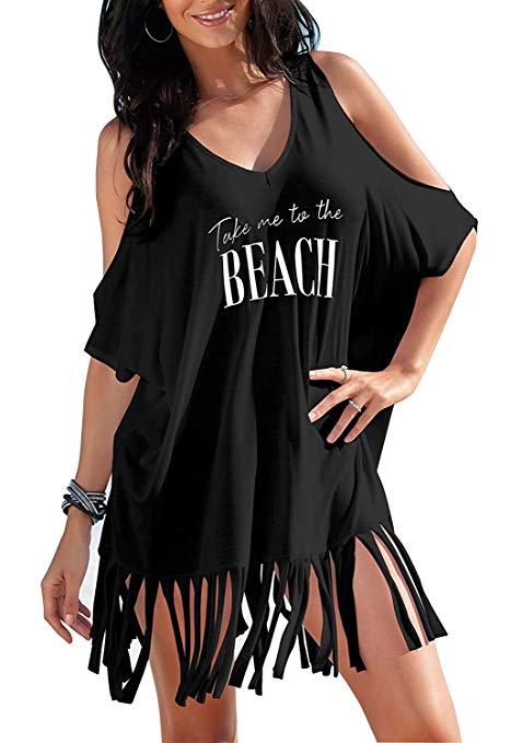Oryer Womens Swimsuit Cover up Letters Print Baggy Swimwear Blouse Beach Dress T-Shirt