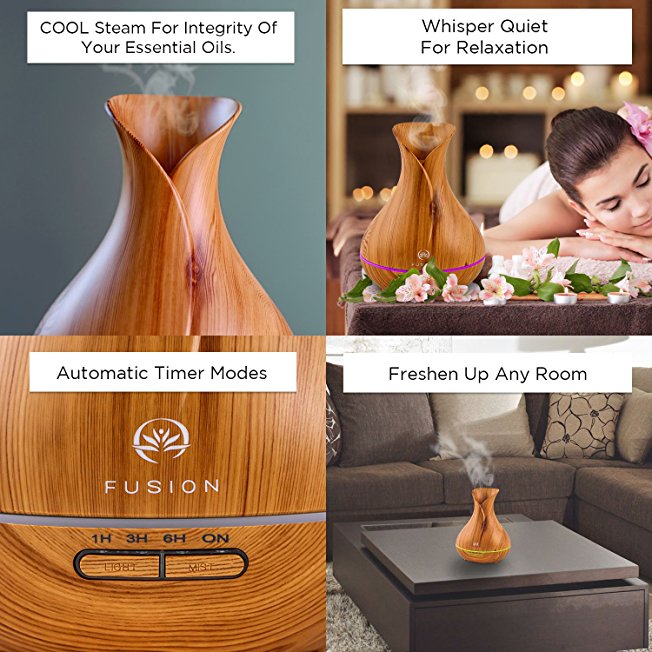 Essential Oil Diffuser, Ultrasonic, Natural Aromatherapy for Stress Relief and Relaxation ~ with 7 Color Changing LED Lights & Bonus Cleaning Brush, Runs Up to 12hrs, by Fusion (Natural Pine)