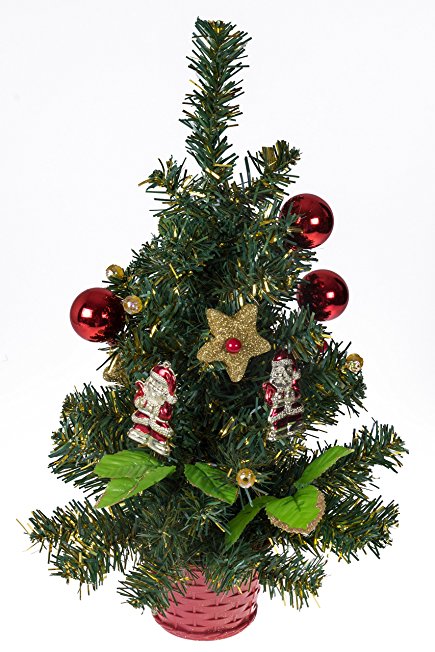 Table Top Christmas Tree with Ornaments | Red and Gold Christmas Decor Theme Shatter Resistant Ornaments, and Star | Stands 16" Tall