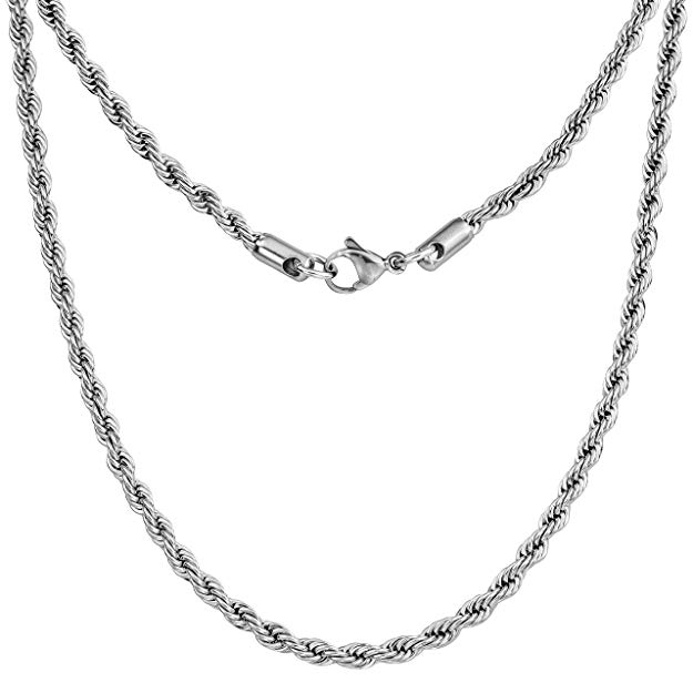 Silvadore 4mm Rope Mens Necklace - Silver Chain Twist Stainless Steel Jewelry - Neck Link Chains for Men Man Male Women Boys Girls - 18" 20" 22" 24" 26" 36" UK