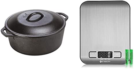 Lodge 5 Quart Cast Iron Dutch Oven. Pre-Seasoned Pot with Lid and Dual Loop Handle & Etekcity Food Scale, Digital Kitchen Weight Grams and Ounces for Baking and Cooking, Small, 304 Stainless Steel