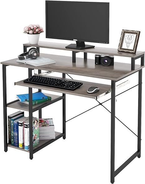 TOPSKY Compact Computer Desk with Storage Shelves/Keyboard Tray/Monitor Stand Study Table for Home Office (38.6x19 inch, Espresso Gray)