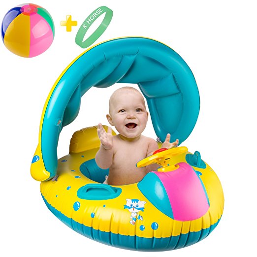 R • HORSE Inflatable Baby Pool Float Swimming Ring with Sun Canopy for the Age 6-48 Months with Water-polo & Fluorescent Wristband