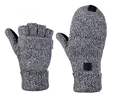 Sudawave Men's Knitted Wool Gloves with Leather Patch on Palm Micro Fleece Lined Warm Winter Gloves