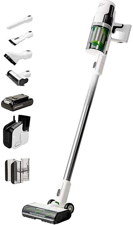 Greenworks 24V Brushless (500W) Cordless Stick Vacuum, Ultra Lightweight, LED Lights, 4Ah USB-C Battery and 30-Minute Super Charger Included (White)