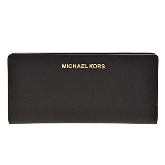 Michael Kors Jet Set Travel Leather Medium Large Card Case Carryall Wallet with Removable ID Card Holder (Black with Gold Hardware)