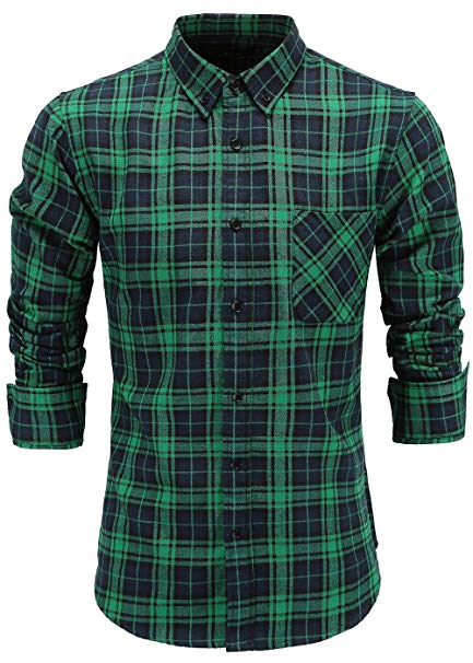 Emiqude Men's 100% Cotton Slim Fit Long Sleeve Button Down Flannel Cross Plaid Dress Shirt