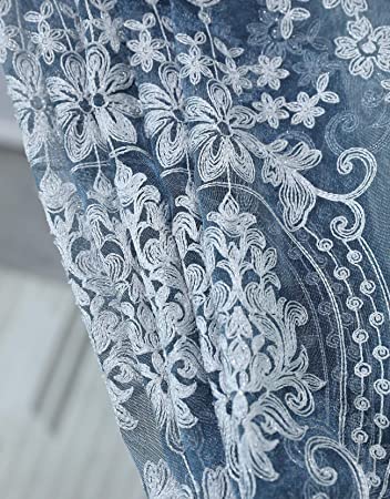 Aside Bside Victorian Design Sheer Curtain Luxurious Pattern Embroidered Rod Pocket Top Window Decoration for Living Room Bedroom and Office (1 Panel, W 50 x L 63 inch, Blue Bottom Silver Embroidery)
