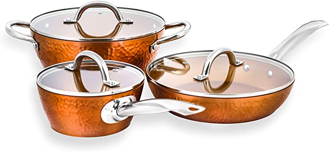 CONCORD 6 Piece Hammered Finish Copper Non Stick Cookware Set. Heirloom Collection