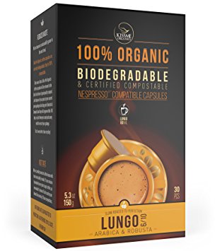 Nespresso Compatible Organic Coffee Capsules by Kiss Me Organics - Lungo - 100% Biodegradable and Compostable Coffee Pods - Made from Slow Roasted Organic Coffee Beans - 30 capsules