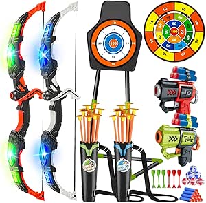 VATOS 2 Pack Arc et Flèche Jouet pour 3-12 Ans Garçons Filles, Jouet de Tir à l'arc Lumineux avec Coupe Suction Cible Debout & 29 in Dart Board, Jouets d'Activité d'Intérieur et d'Extérieur Cadeau