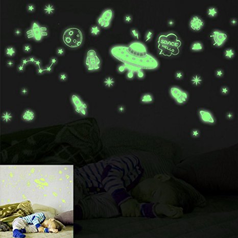2 Sheets Glow in the Dark Wall Decals Stickers for Windows, Wall or Car Deocration (Spaceship)
