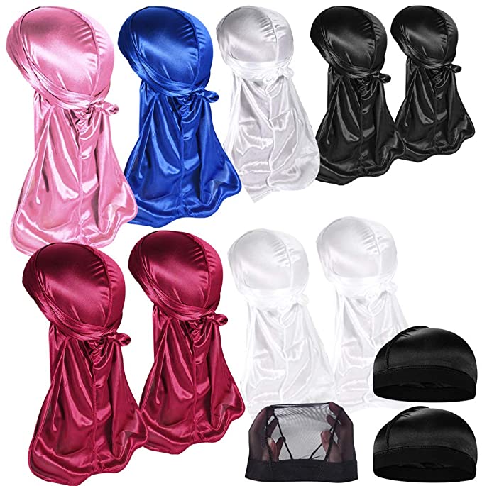 9 PCS Silky Durag Caps Silky Long Tail Headwraps Doo Rags Wide Strap Satin Durag for Men Waves with 3 PCS Elastic Wave Cap