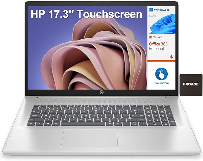 HP 17 17.3" Touchscreen HD  Laptop Computer, Intel Pentium Silver N5030 up to 3.1GHz, 32GB DDR4 RAM, 1TB PCIe SSD, 802.11AC WiFi, Bluetooth 5.0, 1-Year Office 365, Silver, Windows 11 Home S, BROAG