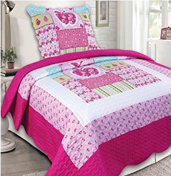 Mk Collection 2 Pc Bedspread Teens/girls Hot Pink Light Pink Flowers Apple New