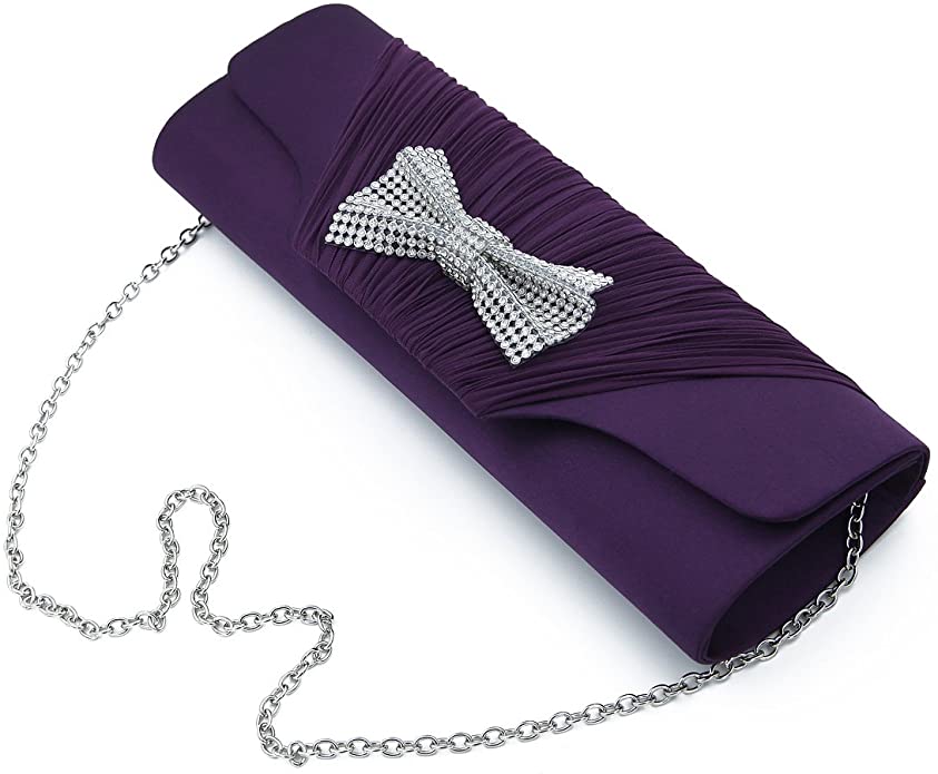 Elegant Pleated Satin Flap Rhinestones Bow Clutch Evening Bag - Diff Colors Avail