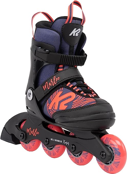 K2 Adjustable Leasure Inline Skates Marlee Purple and Coral Stability Plus Cuff, B.I. Frame, for Kids, Boys, Girls, Youth, Junior