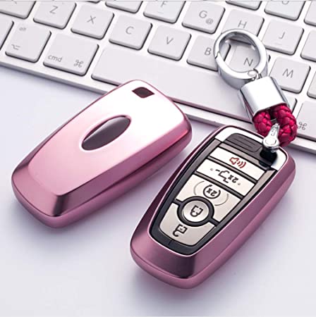 ontto for Ford Key Fob Case Shell Key Holder Rings Keychains Premium Soft TPU Full Protection Fit for 2017 Ford Fusion F250 F350 F450 F550 2018 Edge Explorer Pink