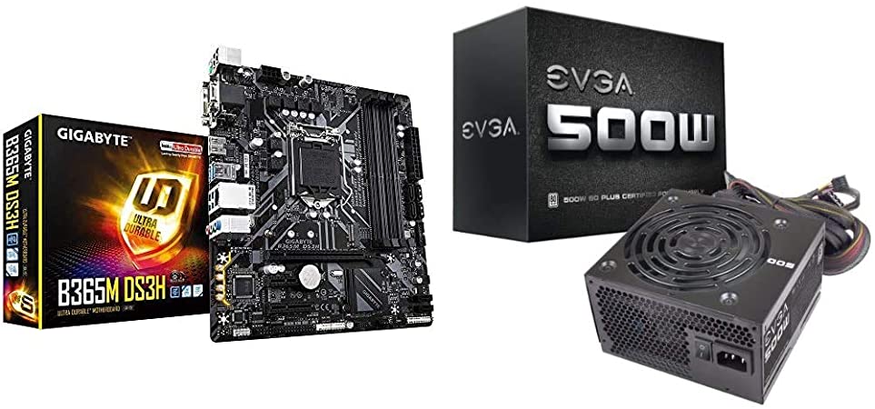 GIGABYTE B365M DS3H (LGA1151/Intel/Micro ATX/USB 3.1 Gen 1 (USB3.0) Type A/DDR4/Motherboard) & EVGA 100-W1-0500-KR 500 W1, 80  White 500W, 3 Year Warranty, Power Supply, Black