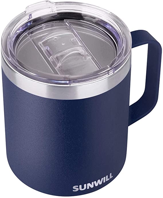 SUNWILL 14 oz Coffee Mug, Vacuum Insulated Camping Mug with Lid, Double Wall Stainless Steel Travel Tumbler Cup, Coffee Thermos Outdoor, Powder Coated Navy Blue