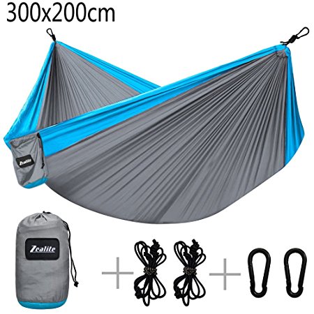 Double Camping Hammock Zealite Travel Lightweight Parachute Portable Hammock for Outdoor Hiking Backyard (300 x 200cm)