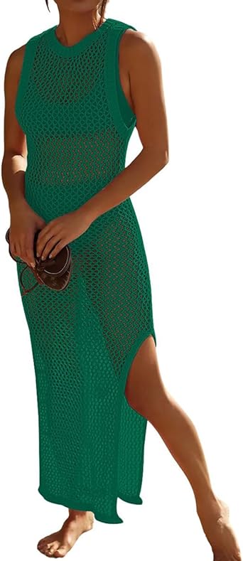 Bsubseach Crochet Swim Coverup Sleeveless Knitted Cover Up Dress