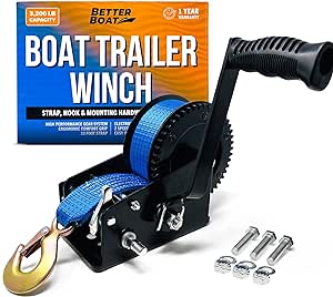 Boat Trailer Winch with Boat Winch Strap with Hook Manual Hand Winch Strap Heavy Duty Trailer Winches Hand Crank for Pulling Boat Parts for Trailers Car or Truck Towing One Speed Ratchet Gear 3200 lb