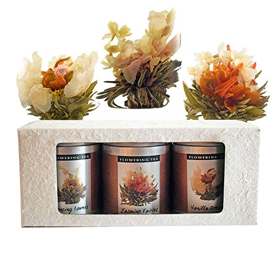 Flowering Tea Selection Box, 3 Sampler Tins of Blooming Tea, Jasmine Flower Tea Balls, Handmade Gift Box