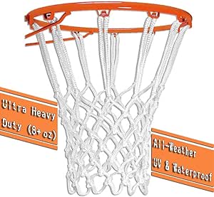 Basketball Net Heavy Duty (8  oz) Outdoor Basketball Net Replacement, All-Weather UV and Waterproof, Anti Whip, 12-Ring Pro, White