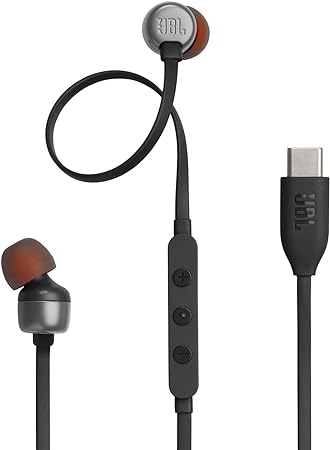 JBL Tune 310C - Wired Hi-Res in-Ear Headphones, Tangle-Free Flat Cable, 3-Button Remote with Microphone (Black)