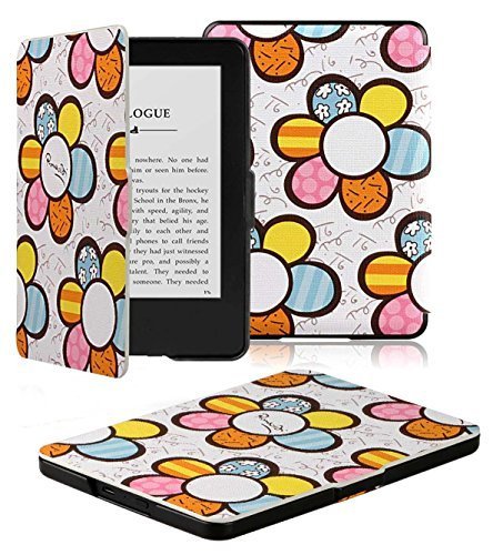 Kindle Case - OMOTON Kindle 7th Gen Smart Case Cover - The Thinnest and Lightest PU Leather Case Cover for All-new Kindle with 6 Glare-Free Touchscreen Display 2014 Released with Auto Sleep Wake Feature Flower