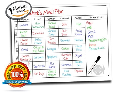 Dry Erase Weekly Planner ● Meal Planner ● Menu Board ● Fitness Calendar ● Non Magentic ● Meal Prep ● Grocery List ● Use w/ Dry Erase Markers (1 included) ● 17x13" inches