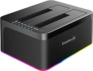 Inateck RGB USB 3.0 USB-C Port Hard Drive Docking Station with Offline Cloning, for 2.5/3.5 Inch SATA HDDs and SSDs, 2 x 20TB Dual Bay Docking Station, UASP Supported, SA02003C