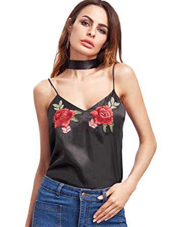 ROMWE Women's Spaghetti Strap V-neck Cami Tank Tops with Tie Neck